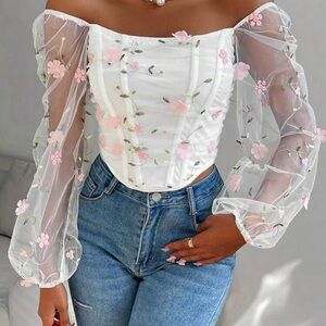 Floral Sheer Sleeve White Top